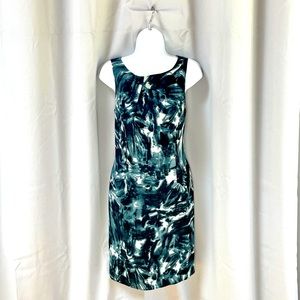 Ann Taylor Silk Blend Sheath Dress Sleeveless Abstract Print Black/Gray/Blue
